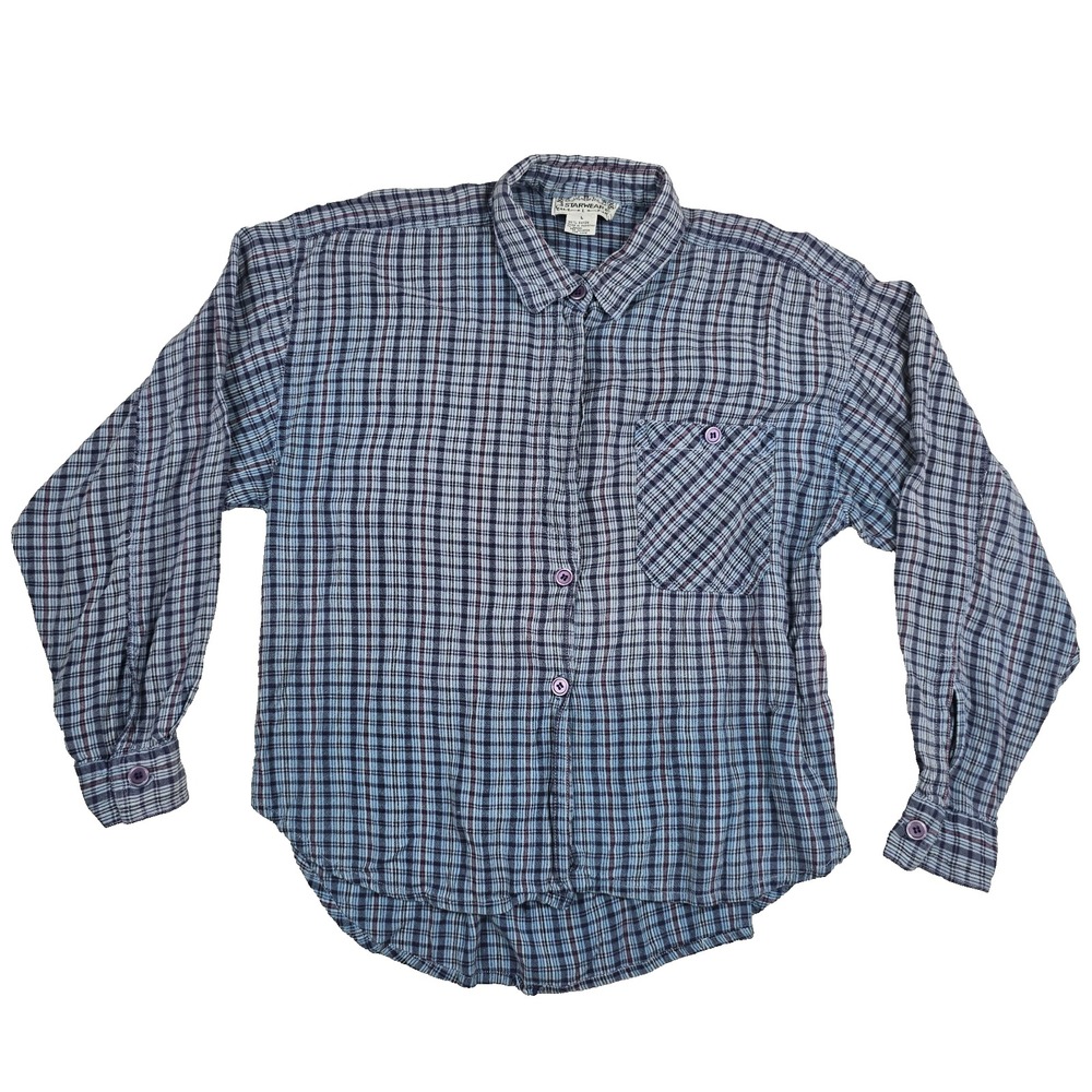 Starwear Blue Plaid Rayon Button Front Shirt Womens Large Long Sleeve Distressed